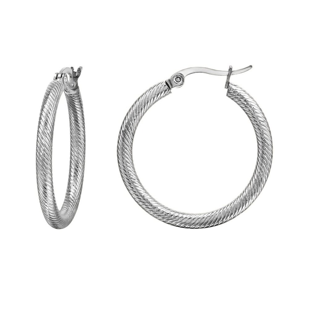 Silver Stainless Steel Hoop Earrings Twisted Rope Everyday‎ Gift Minimal Modern
